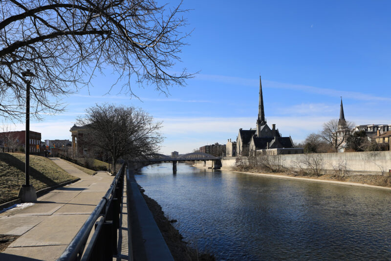 The view of the Cambridge Main Street bridge