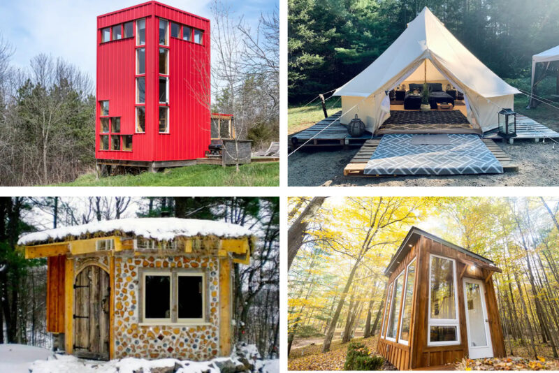 a collage of four unique Ontario cottages and staycations