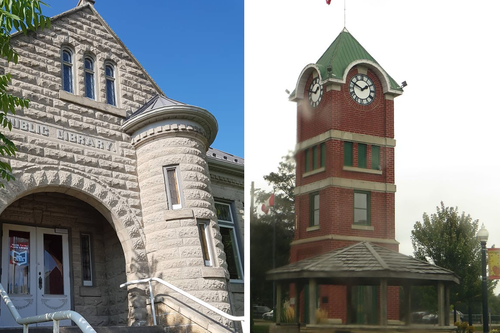 a collage of the North Perth Library Listowel Branch and the Listowel Clock Tower