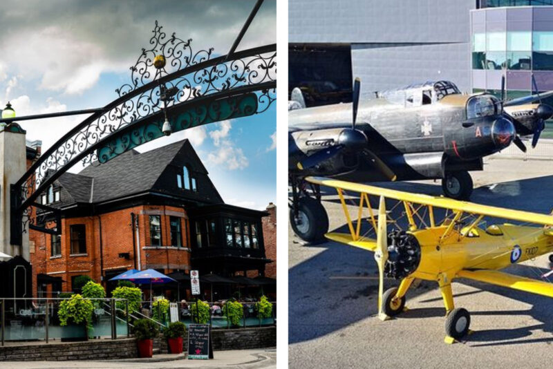 A collage of Hess Village and the Canadian Warplane Heritage Museum