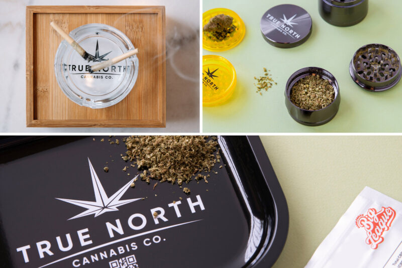A collage of branded True North cannabis accessories