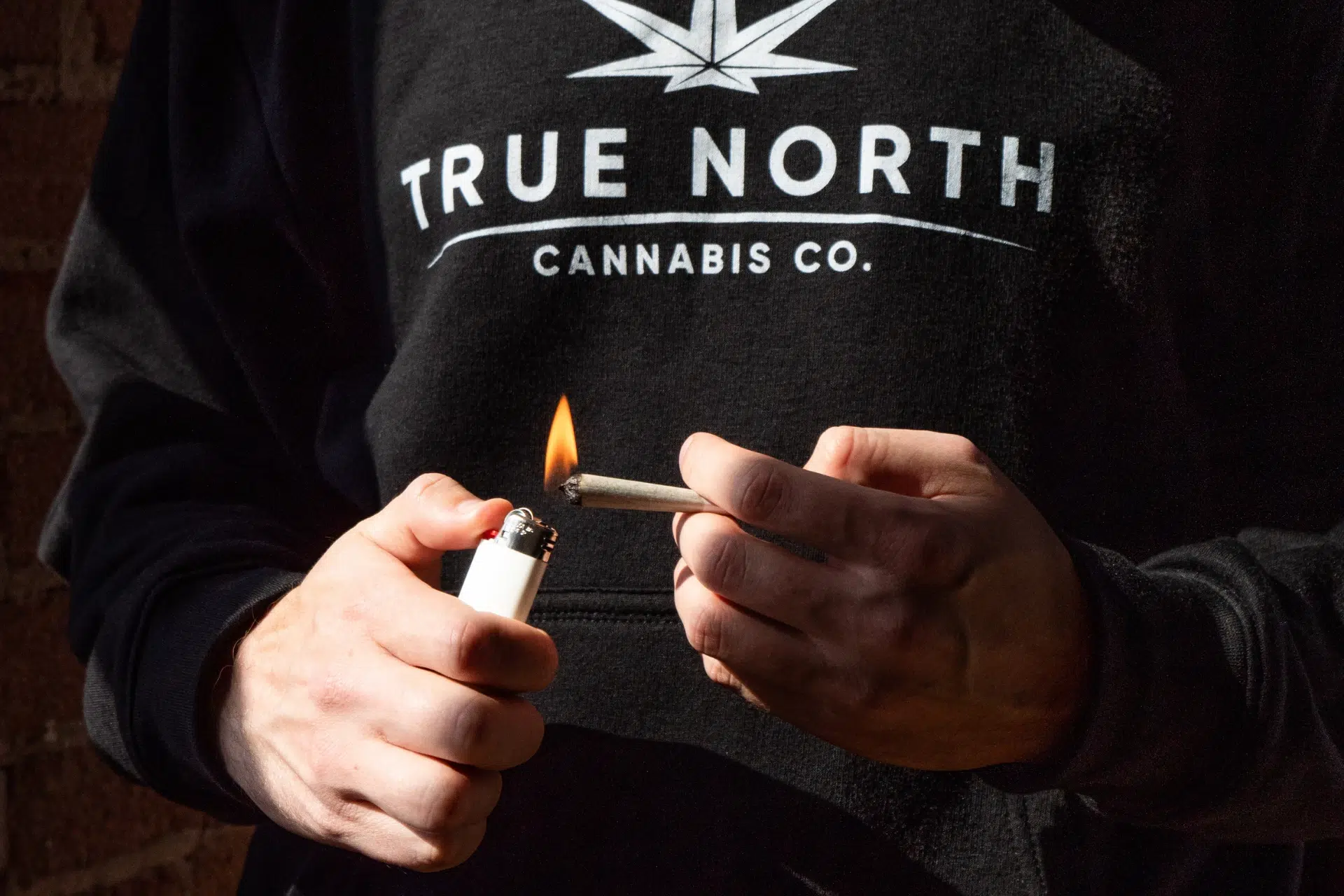 a person lighting a joint wearing a True North Cannabis Co. hoodie