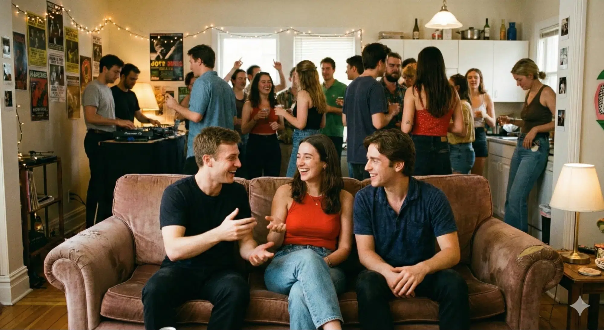 Group of young adults socializing at a lively house party, with three people sitting on a couch while others chat and mingle in the background