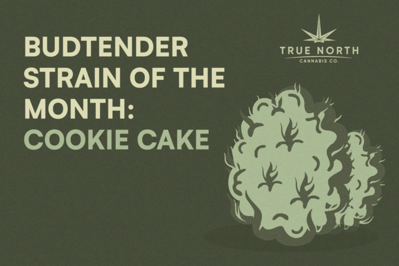 Custom graphic that says “Budtender Strain of the Month: Cookie Cake”