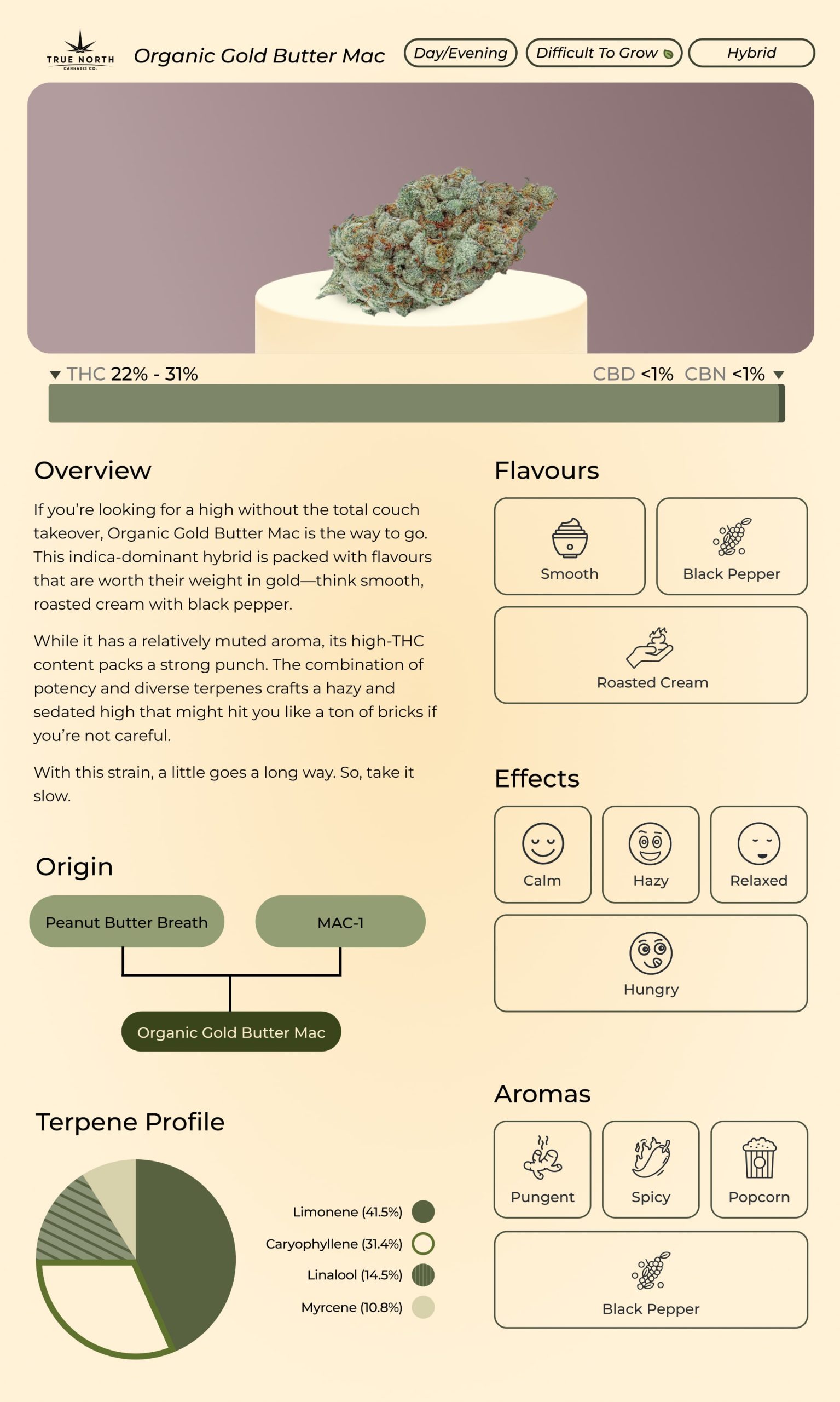 A custom infographic depicting TGOD Gold Butter Mac strain info 