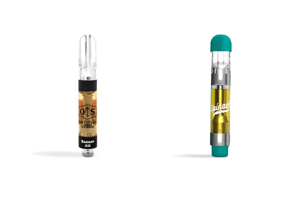 A Banana OG Cartridge by Original Stash and a Polar Mint Vortex Cartridge by Spinach