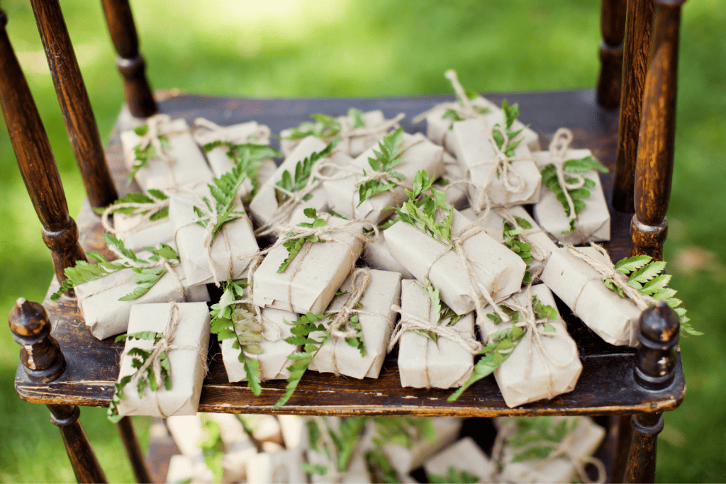 tiny wrapped boxes filled with cannabis wedding favours