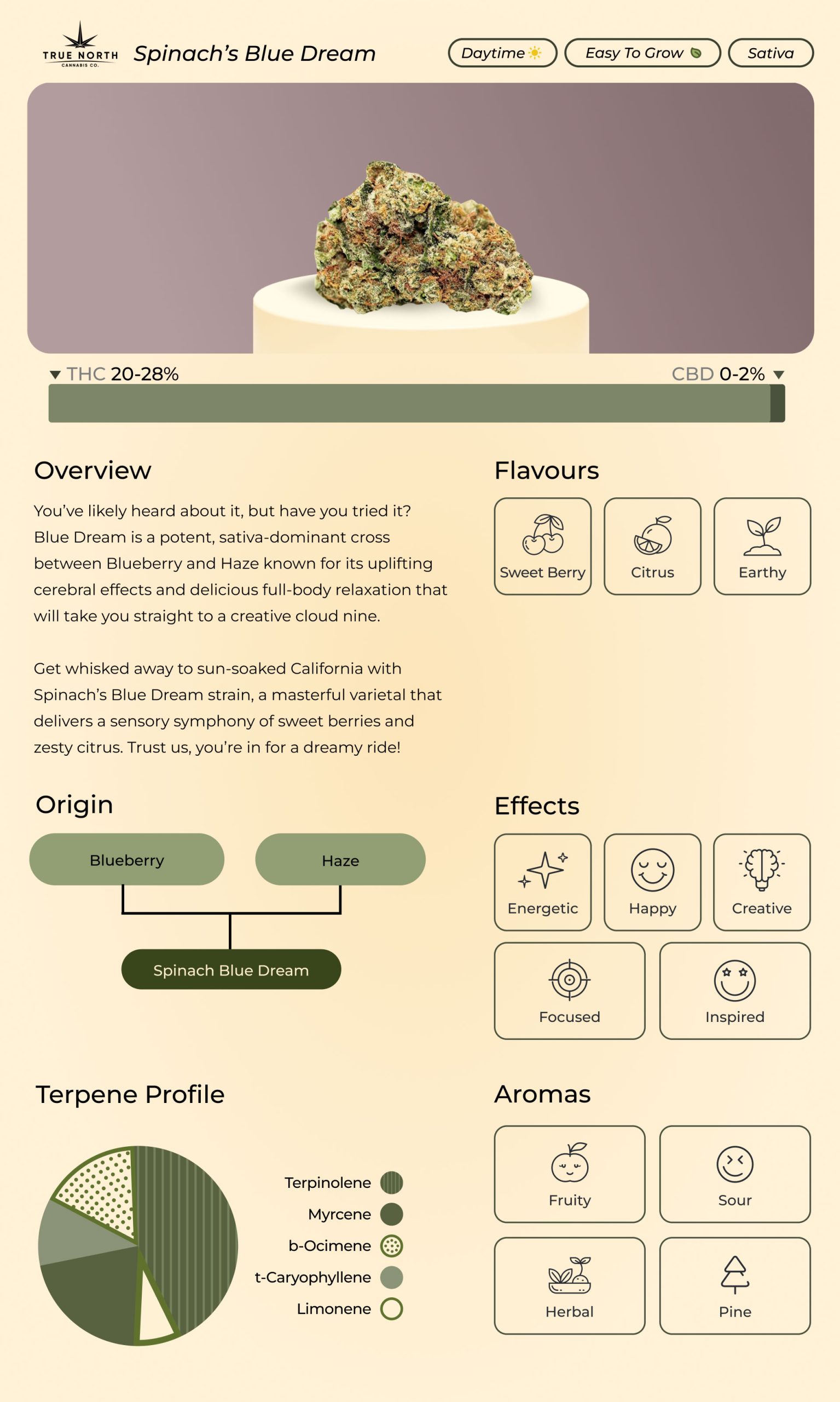 A custom infographic depicting Blue Dream strain info