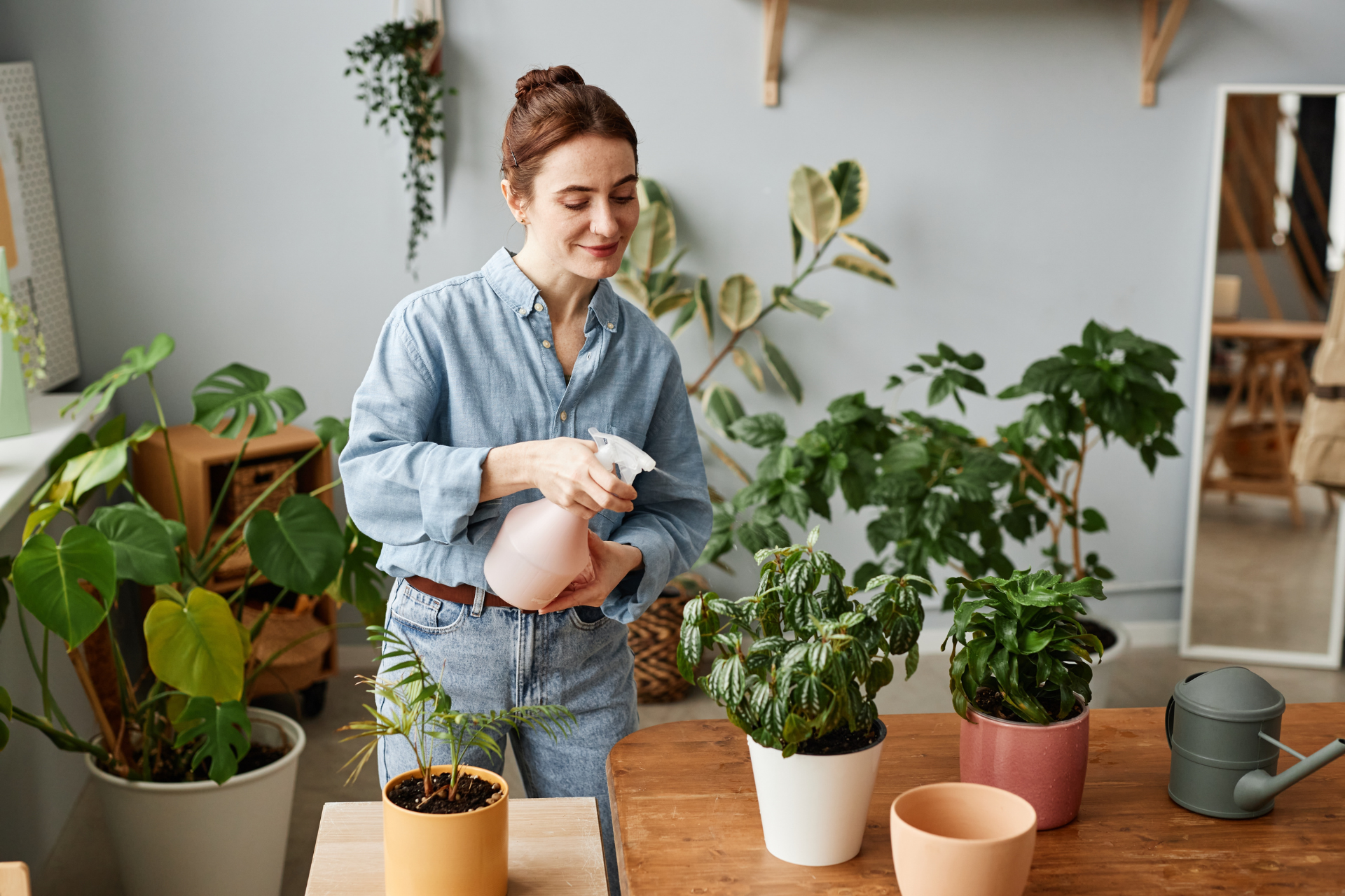 A woman using a spray bottle to water indoor plants