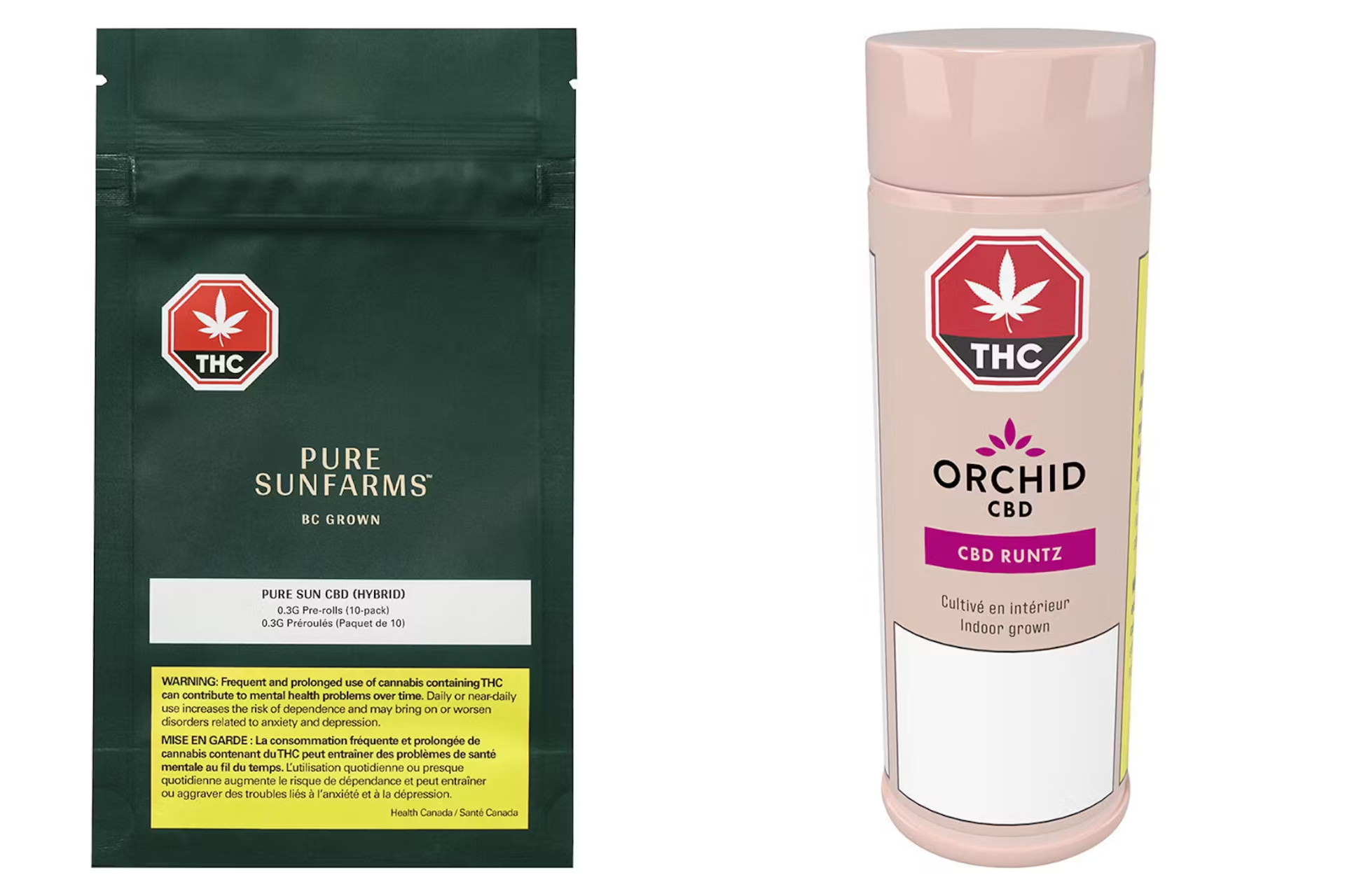 Pure Farms CBD pre-roll and Orchid CBD Runtz packaging side-by-side