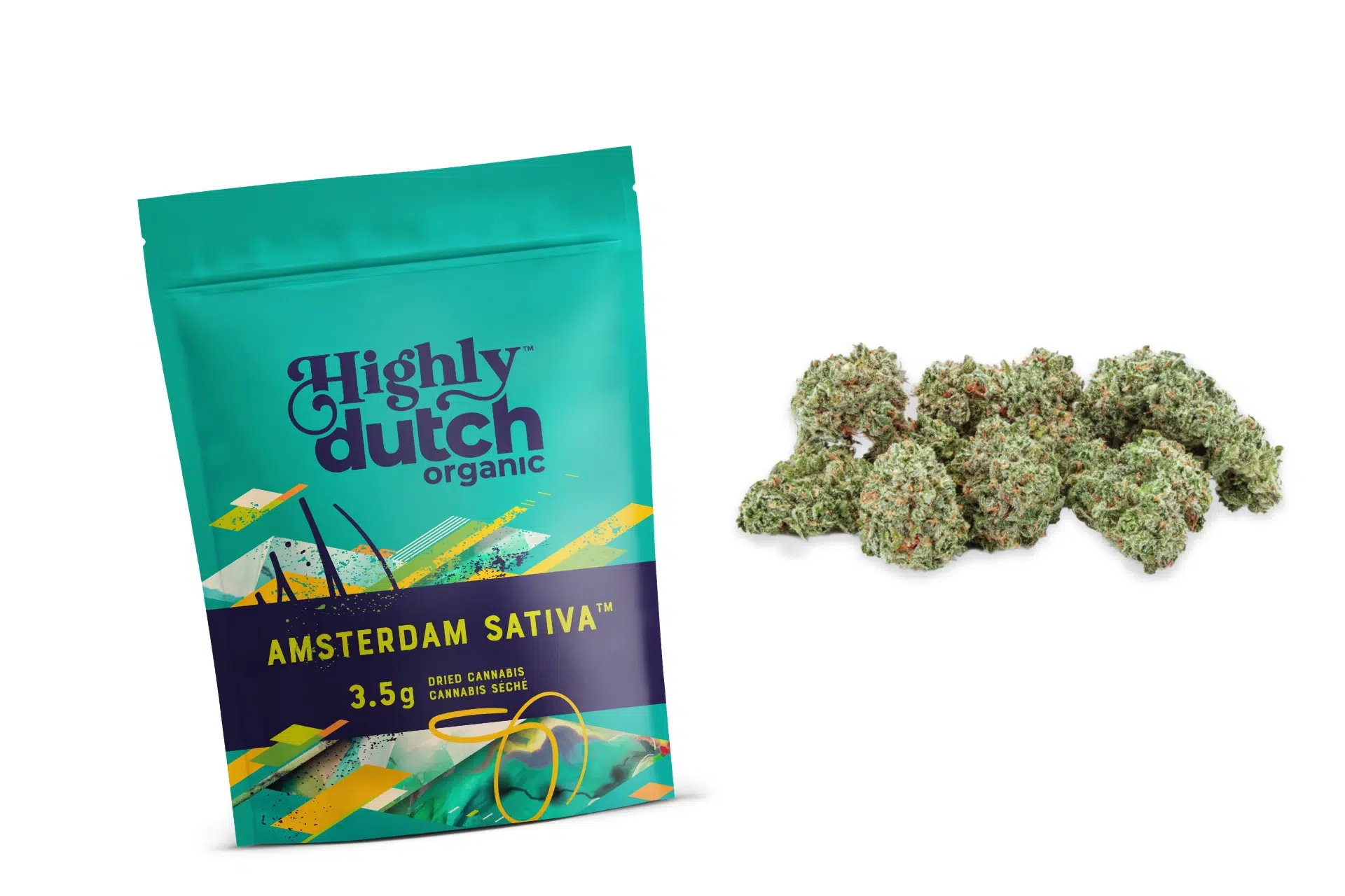 Amsterdam Sativa’s packaging side by side with the buds